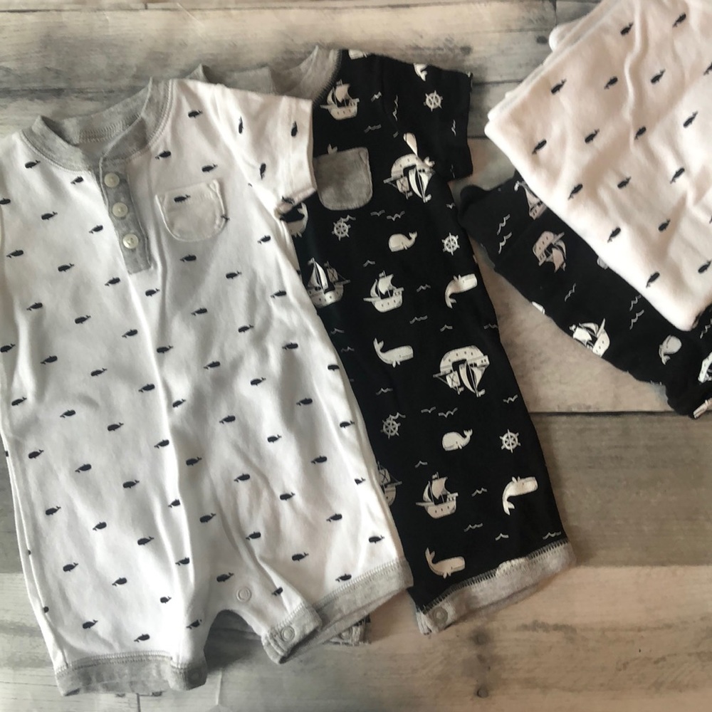 Matching Carters rompers and receiving blankets